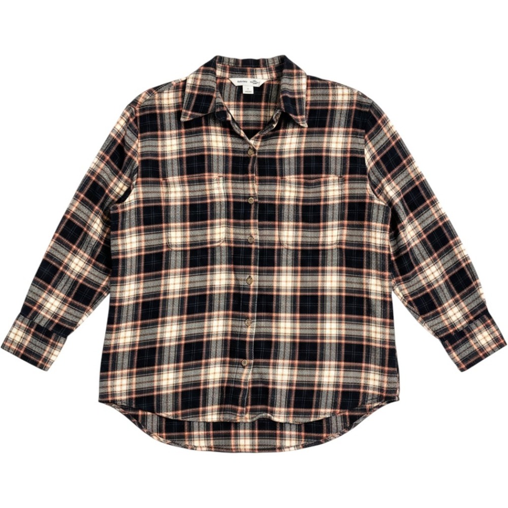Old Navy The Boyfriend Shirt Navy Orange Plaid Flannel Button Down Womens Small